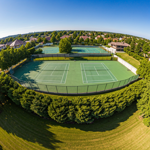 wide-angle aerial photograph of a sprawling suburban luxury property with professional landscaping and tennis courts