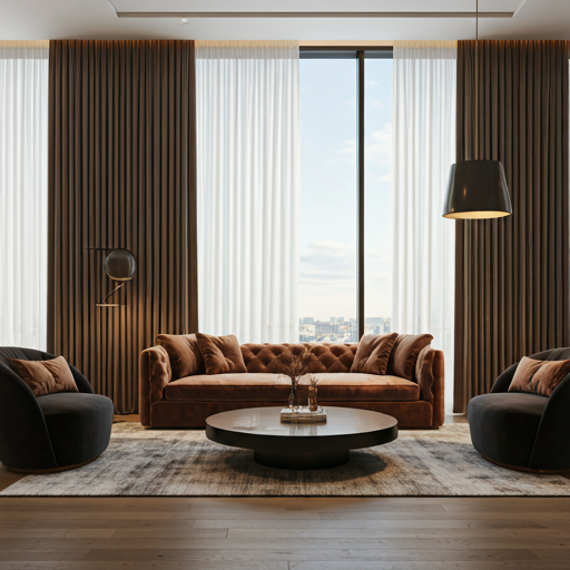 Luxurious modern living room with floor-to-ceiling windows, velvet furniture, and soft golden hour light filtering through sheer curtains