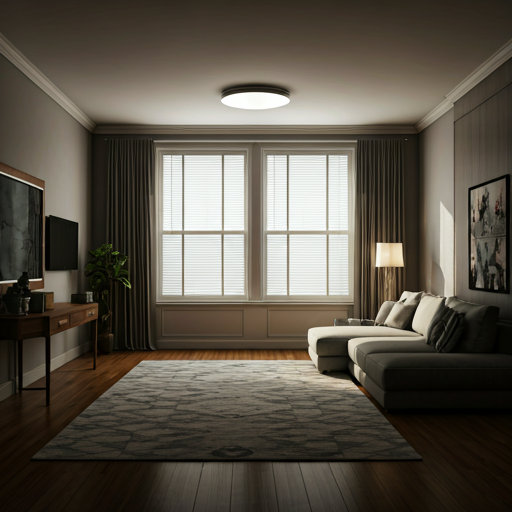 Wide angle shot of a luxury living room with high ceilings, large windows, and designer furniture in warm sunset light