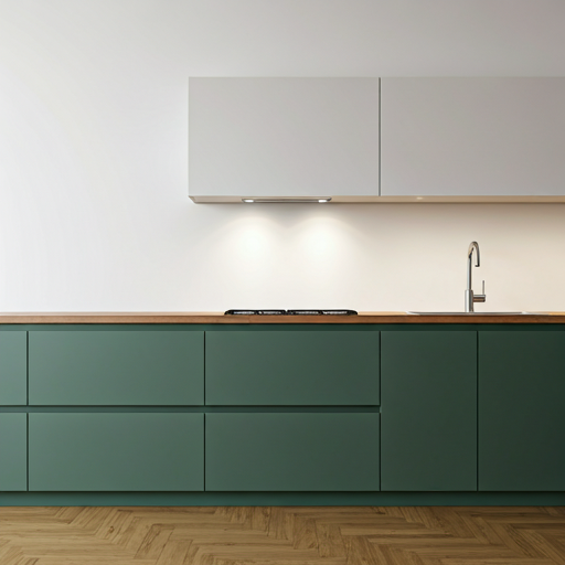 Sleek minimalist kitchen with white marble islands and floor-to-ceiling windows looking onto a forest