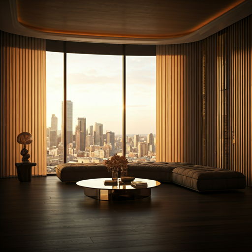 ultra-luxury modern living room with floor-to-ceiling windows, warm golden hour sunlight streaming in, high-end designer furniture, cinematic editorial feel