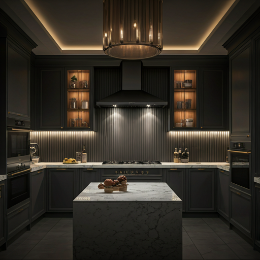 sharp architectural photograph of a luxury kitchen with high dynamic range, crisp details, and elegant warm lighting