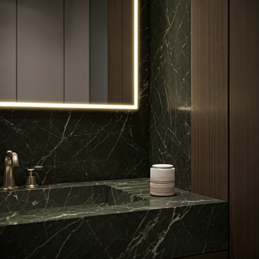 lifestyle detail of a luxury bathroom with marble surfaces and ambient soft lighting
