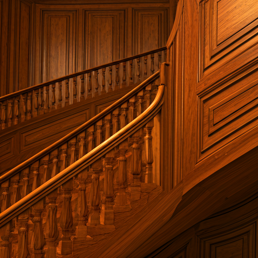 architectural detail of a grand staircase with wooden accents and warm golden highlights