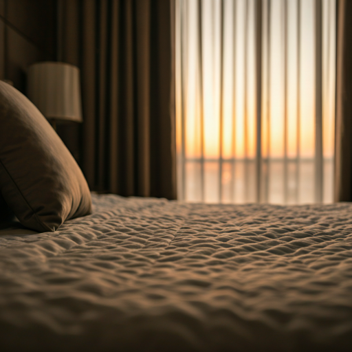 soft focus close up of a luxury bedroom with high thread count linens and sunset light through linen curtains