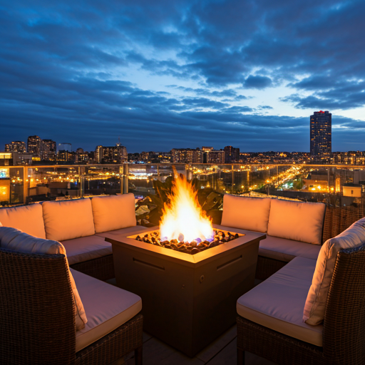 outdoor terrace at dusk with designer fire pit and city lights in the background