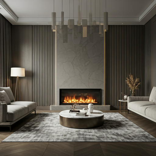Virtually staged living room with furniture and AB 723 disclosure label