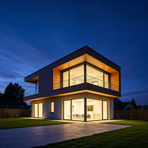Vacation rental exterior captured during magical twilight transition