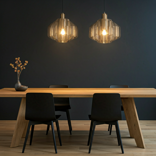 Open-concept designer kitchen and dining area in editorial lighting