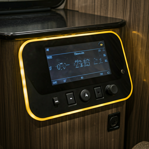 Vertical interior photo of an RV bedroom with premium finishes
