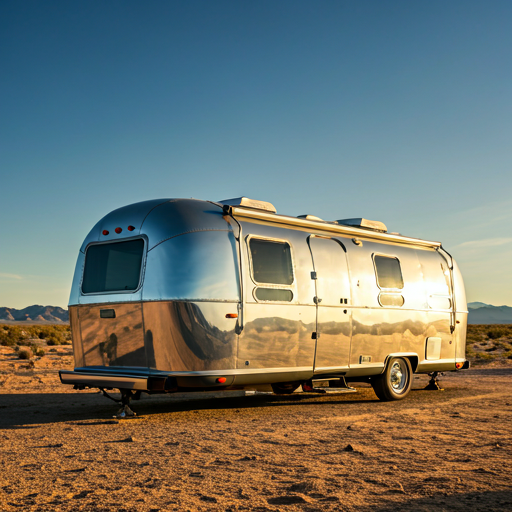 RV exterior photographed during golden hour with warm natural light