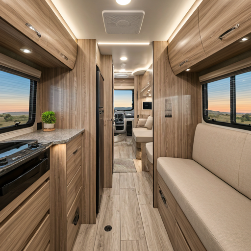 Ultra-wide-angle lens capturing spacious feel inside a fifth wheel RV