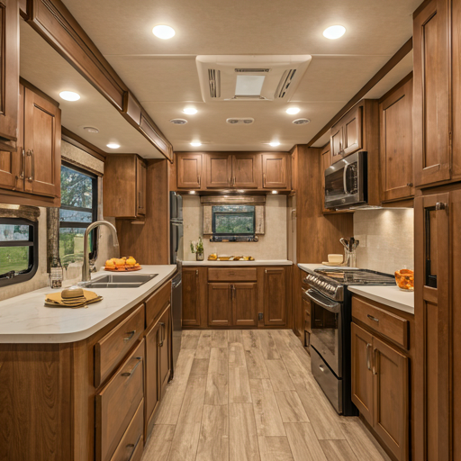 Professionally lit RV interior showcasing compact luxury living space