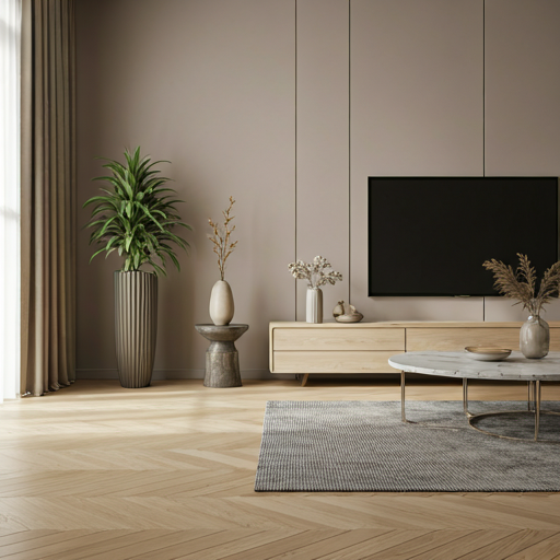 Interior living room of a modern luxury home with minimalist furniture and soft natural morning light.
