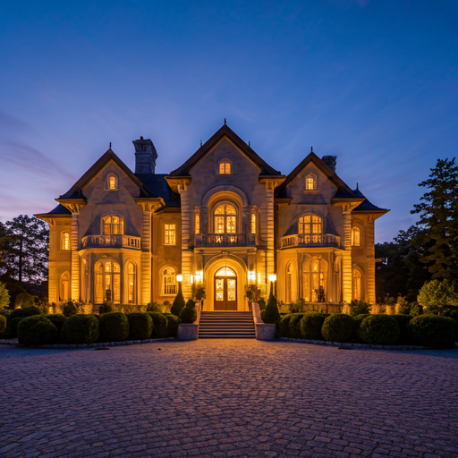 Twilight exterior of a massive luxury estate with all interior lights glowing and a warm indigo sky.