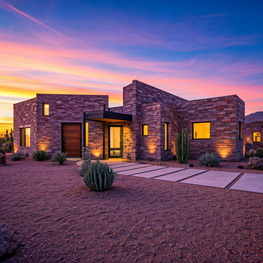 Two-story residence illuminated at blue hour with warm window light