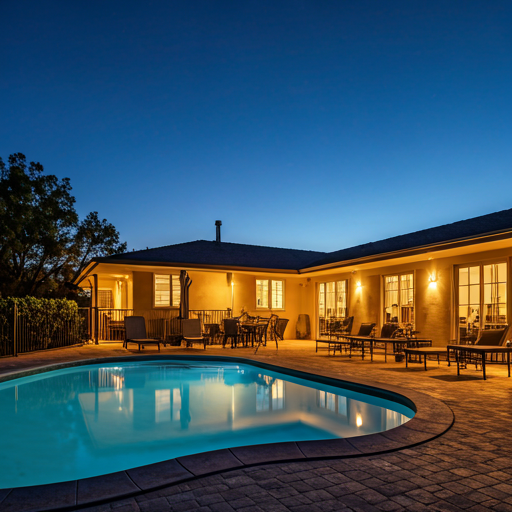 Twilight photography showing a house pool area with warm glowing lights under a dark blue sky.