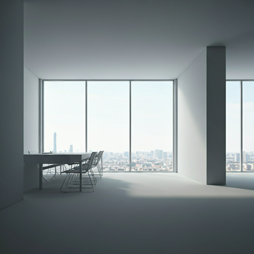 Minimalist modern office space with large windows and clean structural lines.