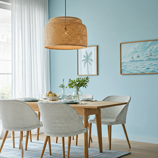 Pacific coastal staging with light fabrics and ocean-inspired accents