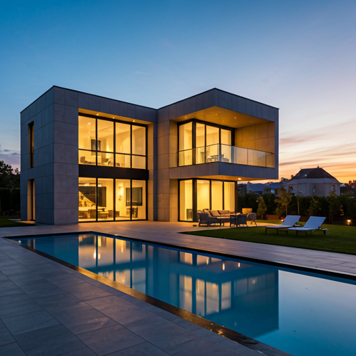 Modern house exterior with a swimming pool reflecting the sunset light and dramatic architecture.