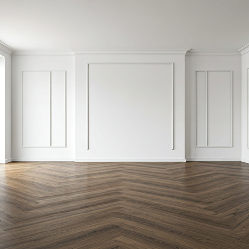 Luxurious empty living room space with high-end flooring and white walls, ready for staging.