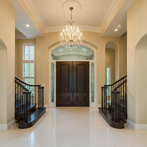 Dramatic wide shot of a grand foyer with statement chandelier
